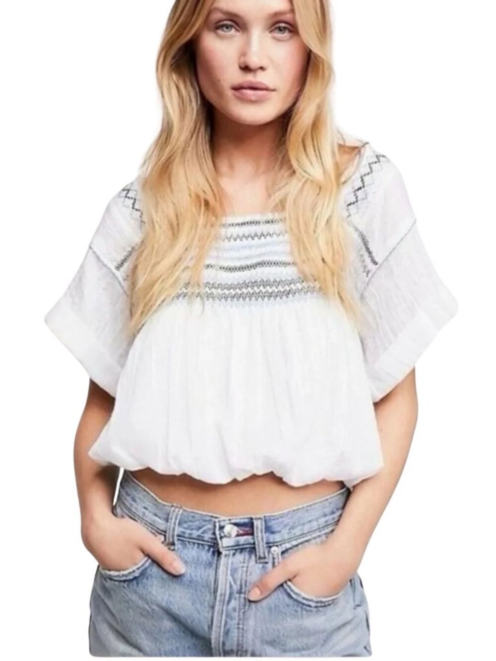 Free People Wandering Skies Embroidered Smocked Cropped Blouse Sz S Boho Peasant
